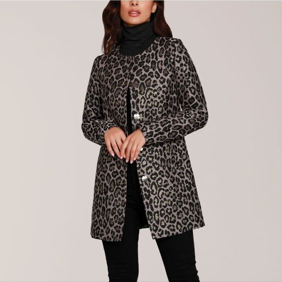 Dolce Cabo Metallic Leopard Print Coat in Charcoal Gray - Picture 1 of 12